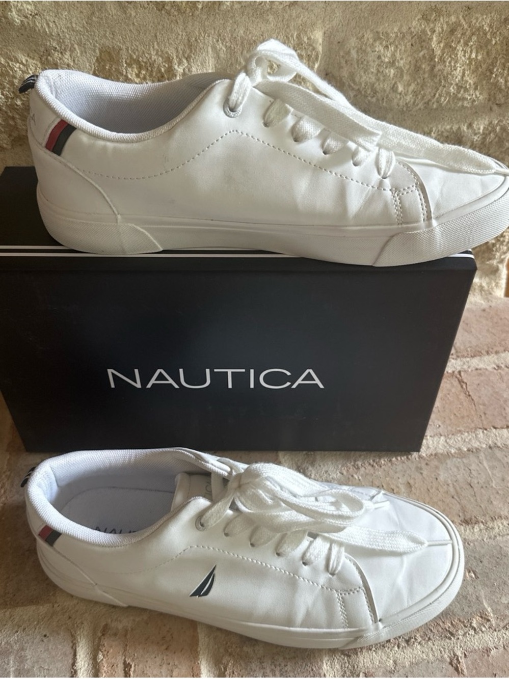 Nautica White Leather Lace-Up Sneakers with Red and Navy Heel Stripe